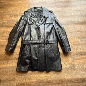 Vtg Black Glove Cowhide Military style Trench Coat Sz 40 DeLong zip out lining